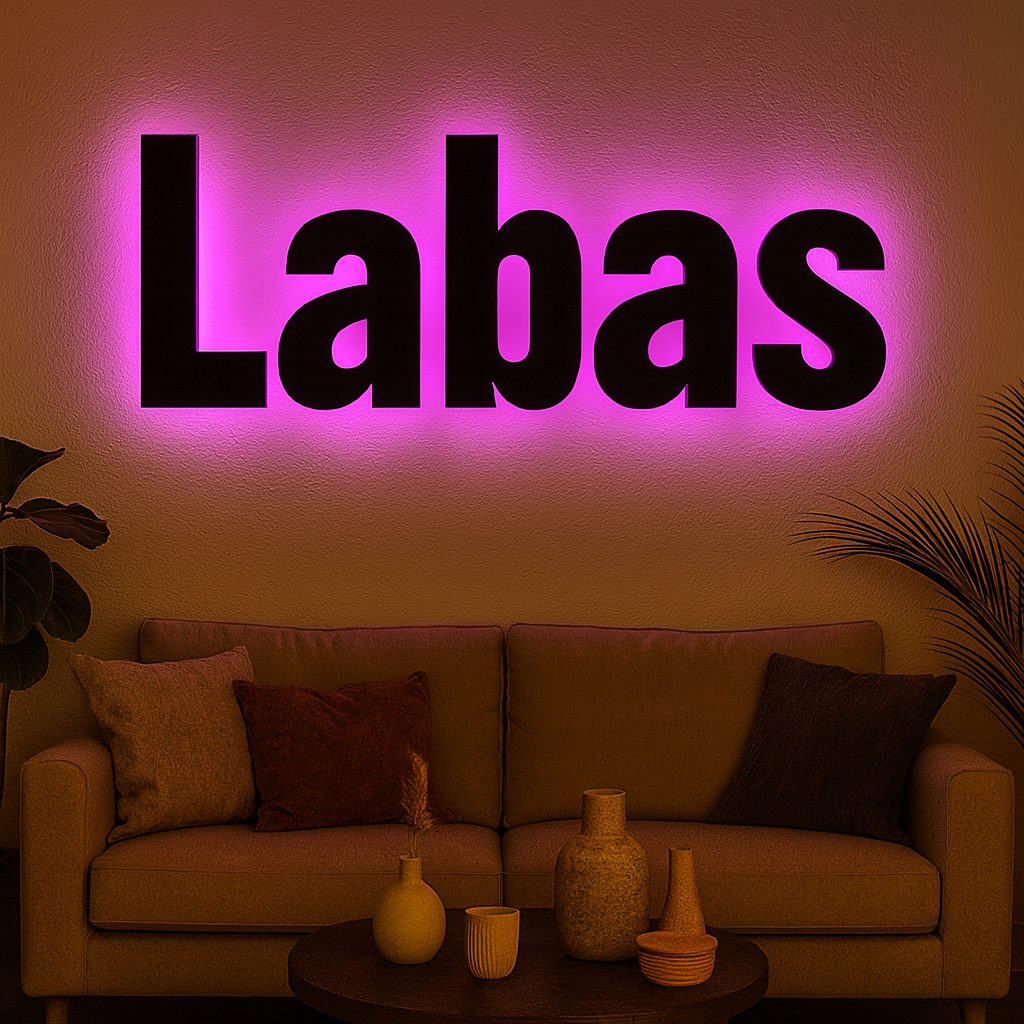a couch and a table with a purple lit sign on the wall
